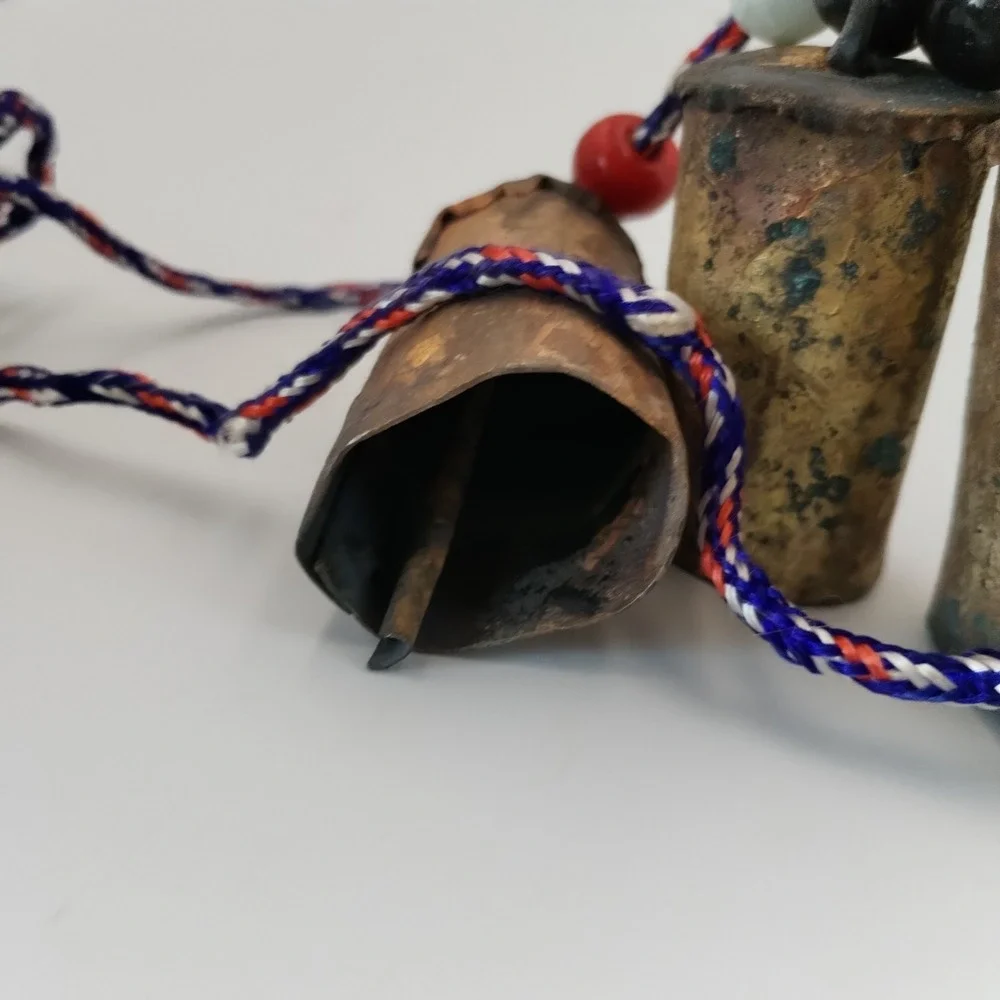 VTG Indian Tin Cow Bells Boho Hanging Cluster 3 Brass Finish Glass Beads Rope